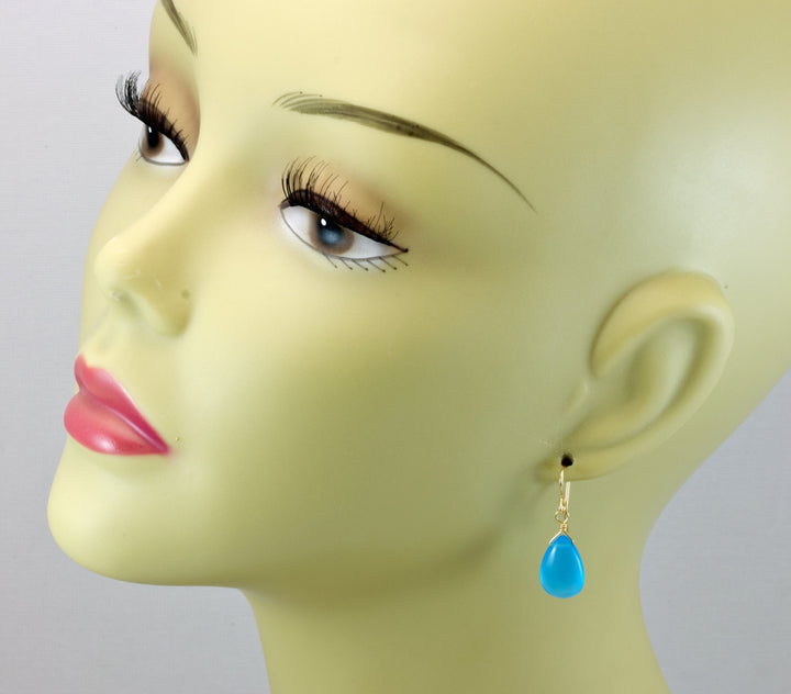 Sky Blue Chalcedony Earrings Teardrop Pear Smooth 14k Solid Gold or Filled or Sterling Silver Blue Simple Drops Unique Spyglass Designs
