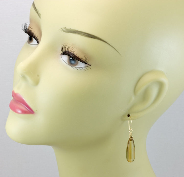 Bicolor Quartz Earrings Faceted Pear Briolette Bi Colored Yellow Amber 14k Solid Gold or Filled or Sterling Silver Long Teardrop Fancy Drops