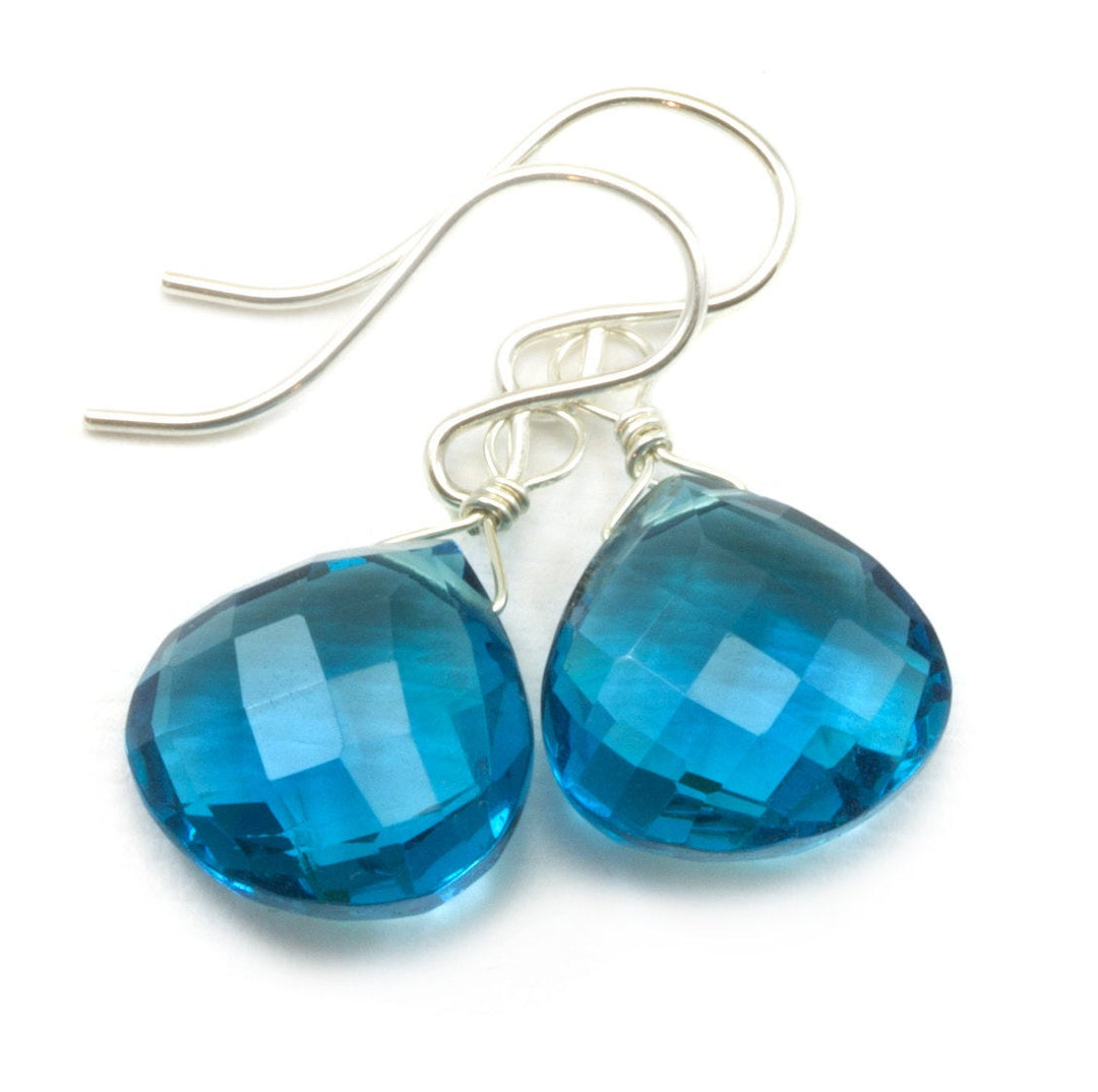 Hot Blue Sim Alexandrite Earrings Faceted Teardrop Heart Drop Sterling Silver or 14k Solid Gold or Filled Teal Blue Simple Drops