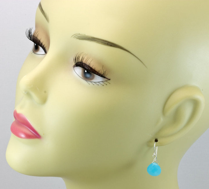 Sky Blue Chalcedony Earrings Teardrop Heart Faceted Sterling Silver or 14k Solid Gold or Filled Bright blue simple drops dainty design