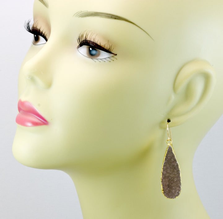 Drusy Earrings Taupe Brown Long Large  Druzy Teardrop 14k Gold Filled Polished Drusy Paired AAA Electroplated Natural Quartz Earthy Drops