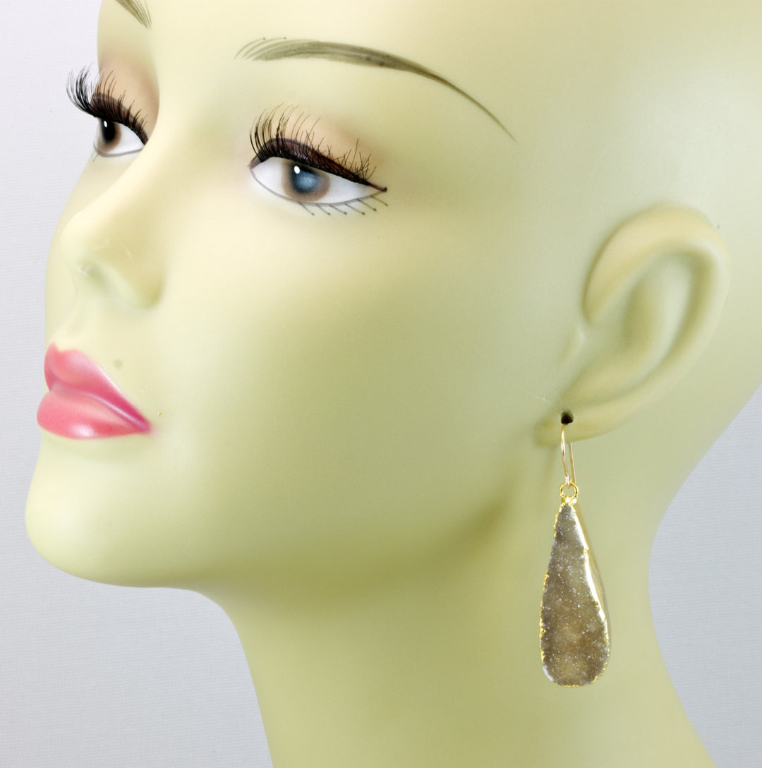 Drusy Earrings 14k Gold Filled Drusy Paired AAA Amber Champagne Natural Quartz Long Large Druzy Teardrop Pear Shape Earthy Neutral Drops