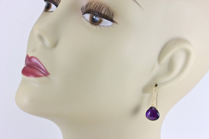 Purple Amethyst Earrings Smooth Simulated Heart 14k Solid Gold or Filled or Sterling Silver Teardrop Deep Rich Purple Simple Everyday