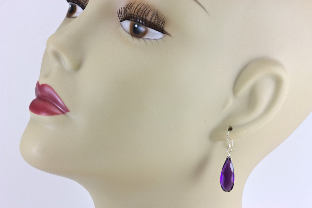 Purple Simulated Amethyst Earrings Faceted Teardrop Long 14k Solid Gold or Filled or Sterling Silver Cut Deep Rich Color Simple Contemporary