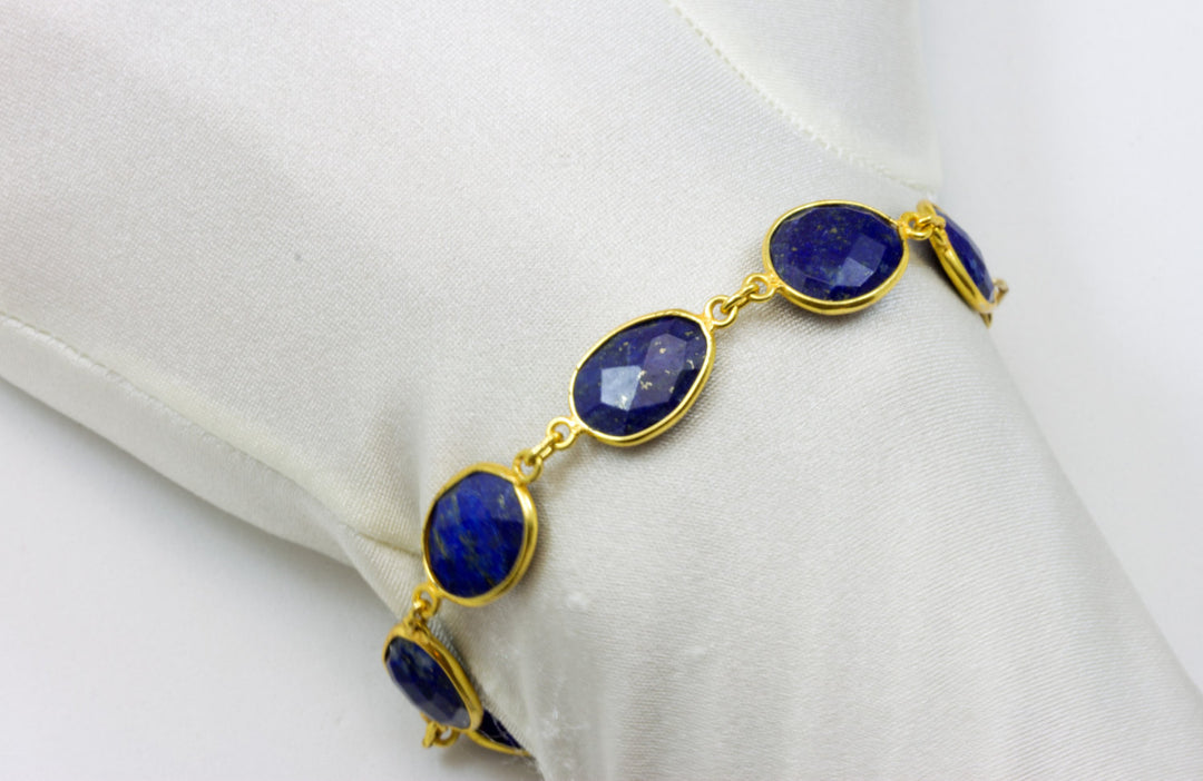 Blue Lapis Lazuli Bracelet Bezel Set Vermeil Toggle Clasp Faceted 14k Gold Filled 7 8 Inches Adjustable Earthy Natural Rich Blue Lapis Facet
