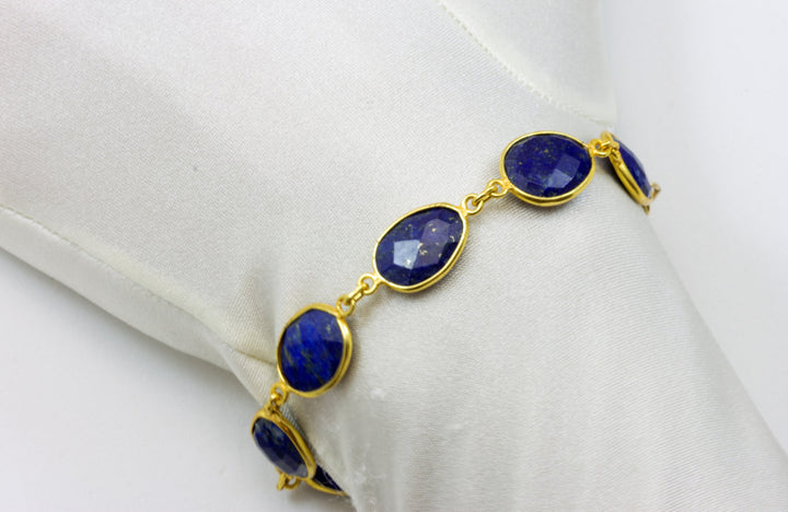 Blue Lapis Lazuli Bracelet Bezel Set Vermeil Toggle Clasp Faceted 14k Gold Filled 7 8 Inches Adjustable Earthy Natural Rich Blue Lapis Facet