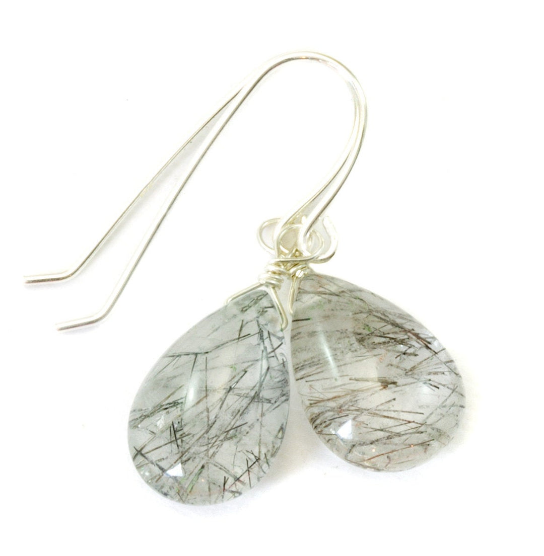 Black Rutile Tourmalated Quartz Earrings Smooth Dangle Rutilated Teardrops 14k Solid Gold or Filled or Sterling Silver Pear Simple Drop