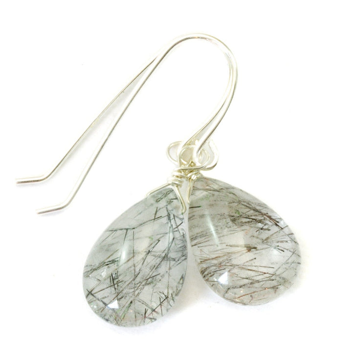 Black Rutile Tourmalated Quartz Earrings Smooth Dangle Rutilated Teardrops 14k Solid Gold or Filled or Sterling Silver Pear Simple Drop