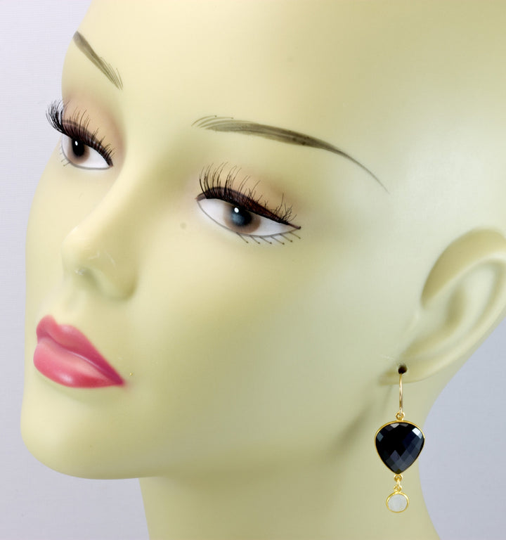 Black Spinel Moonstone Earrings Bezel Faceted Large Teardrop 14k Solid Yellow Gold or Filled Rainbow Blue Moonstones Double natural drops