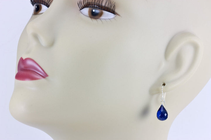 Cobalt Blue Kashmir Simulated Sapphire Earrings Faceted Briolette Drops Sterling Silver or 14k Solid Gold or Fill Rounded Drop Small Dainty