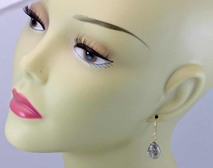 Black Rutile Tourmalated Quartz Earrings Smooth Dangle Rutilated Teardrops 14k Solid Gold or Filled or Sterling Silver Pear Simple Drop