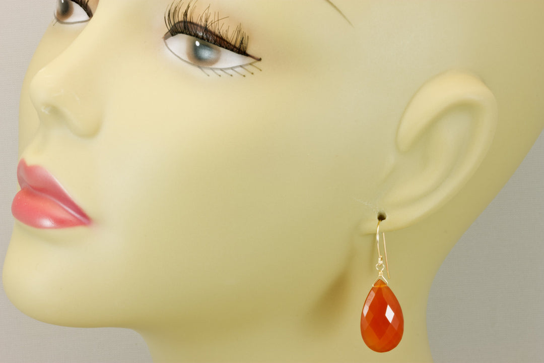 Carnelian Earrings Faceted Pear Large AAA Teardrops 14k Solid Gold or Filled or Sterling Silver Natural Orange Chalcedony Classic drops