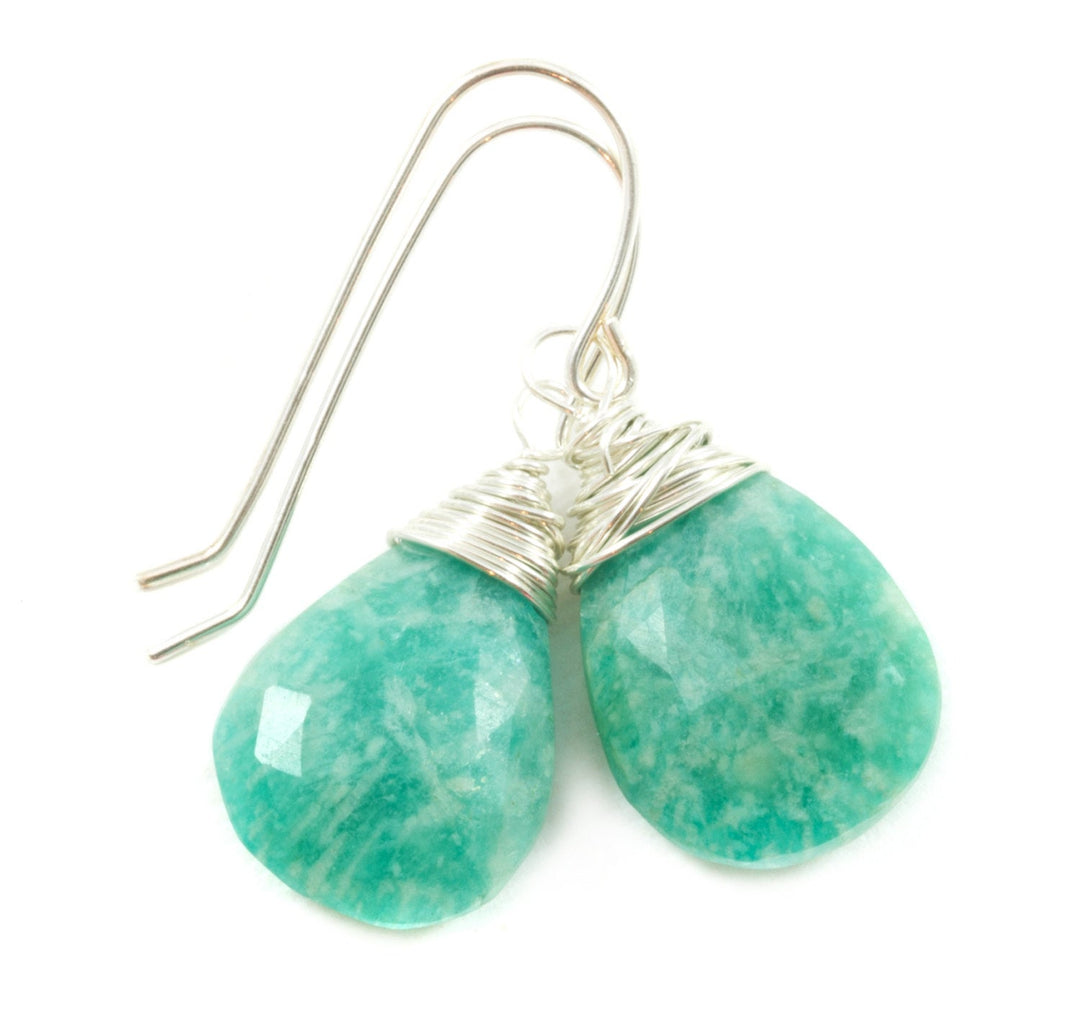 Amazonite Earrings Blue Green Faceted Sterling Silver or 14k Solid Gold or Rose Gold Filled Natural Pear Messy Wire Wrapped Soft Teal color