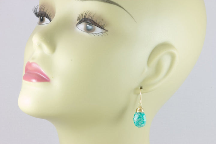 Amazonite Earrings Blue Green Faceted Sterling Silver or 14k Solid Gold or Rose Gold Filled Natural Pear Messy Wire Wrapped Soft Teal color