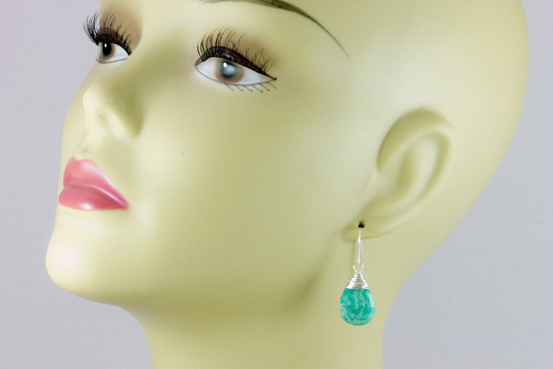 Amazonite Earrings Blue Green Faceted Sterling Silver or 14k Solid Gold or Rose Gold Filled Natural Pear Messy Wire Wrapped Soft Teal color