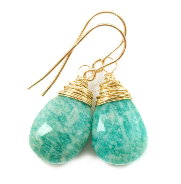 Amazonite Earrings Blue Green Faceted Sterling Silver or 14k Solid Gold or Rose Gold Filled Natural Pear Messy Wire Wrapped Soft Teal color