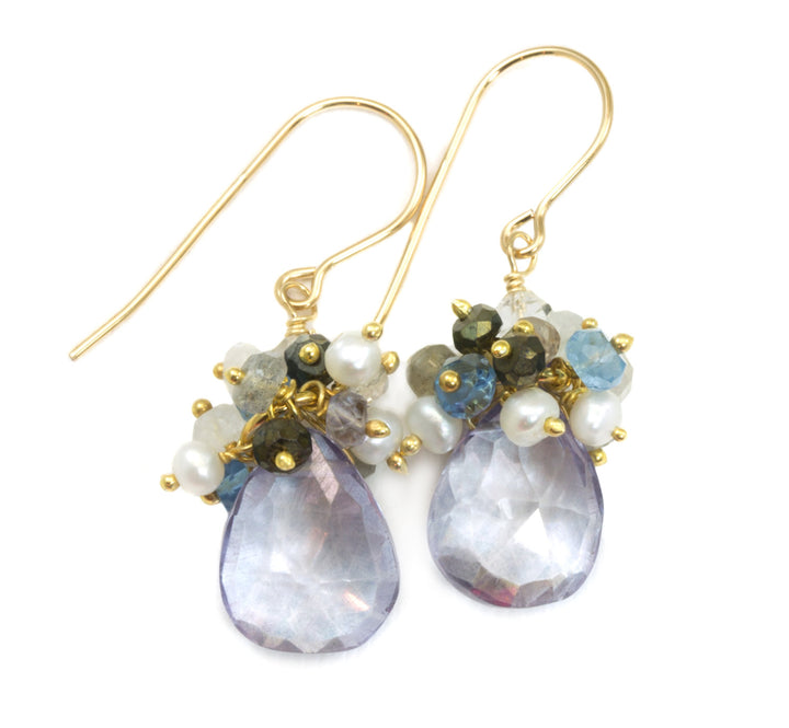 Blue Topaz Cluster Earrings Seed Pearls Labradorite Spinel Moonstone Sterling Silver or 14k solid Gold or Filled Clusters Spyglass Designs