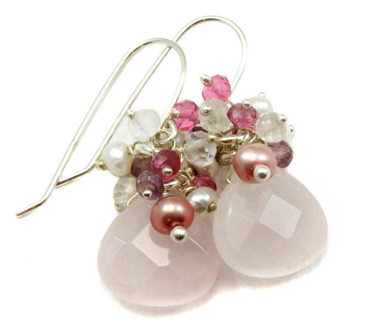 Rose Quartz Earrings Cluster Style Seed Pearl Moonstone Amethyst Pink Topaz Sterling Silver or 14k Solid Gold or Filled Faceted Clusters
