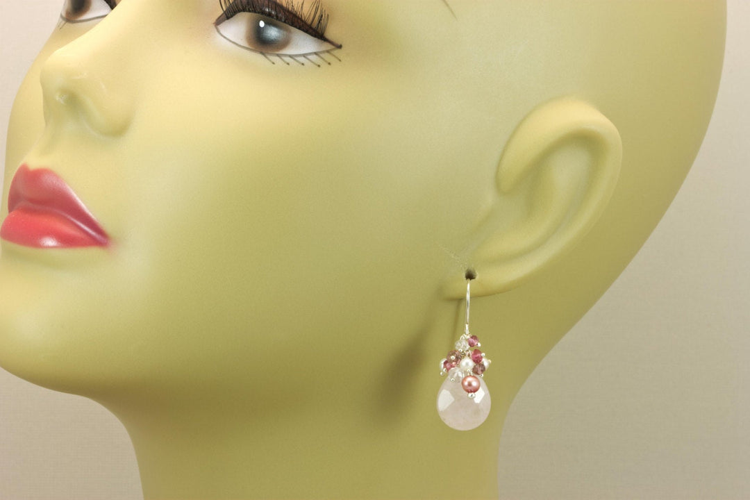 Rose Quartz Earrings Cluster Style Seed Pearl Moonstone Amethyst Pink Topaz Sterling Silver or 14k Solid Gold or Filled Faceted Clusters