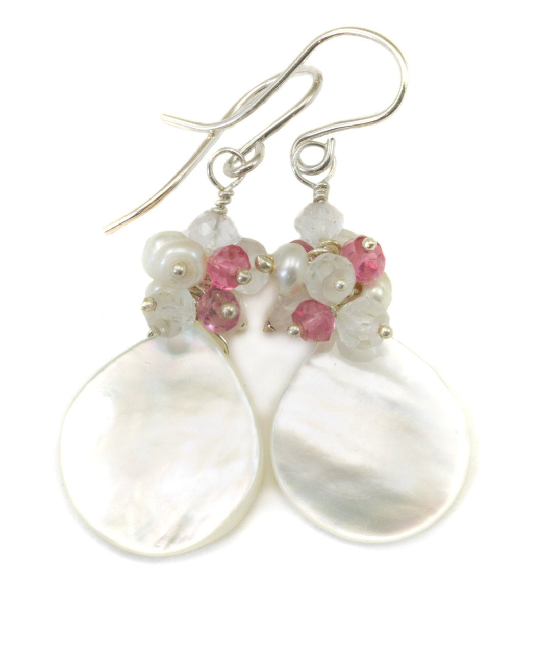 Mother of Pearl Earrings White Teardrop Cluster Natural 14k Solid Gold or Filled or Sterling Silver Seed Pearls Pink Topaz Moonstone MOP