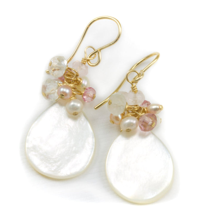 Mother of Pearl Earrings White Teardrop Cluster Natural 14k Solid Gold or Filled or Sterling Silver Seed Pearls Pink Topaz Moonstone MOP