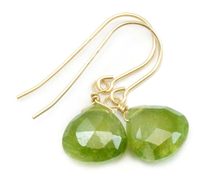 Green Vesuvianite Earrings Faceted Heart Shaped Teardrops 14k Gold Filled or Sterling Silver Natural Real Dainty Simple Rare Unique Drops