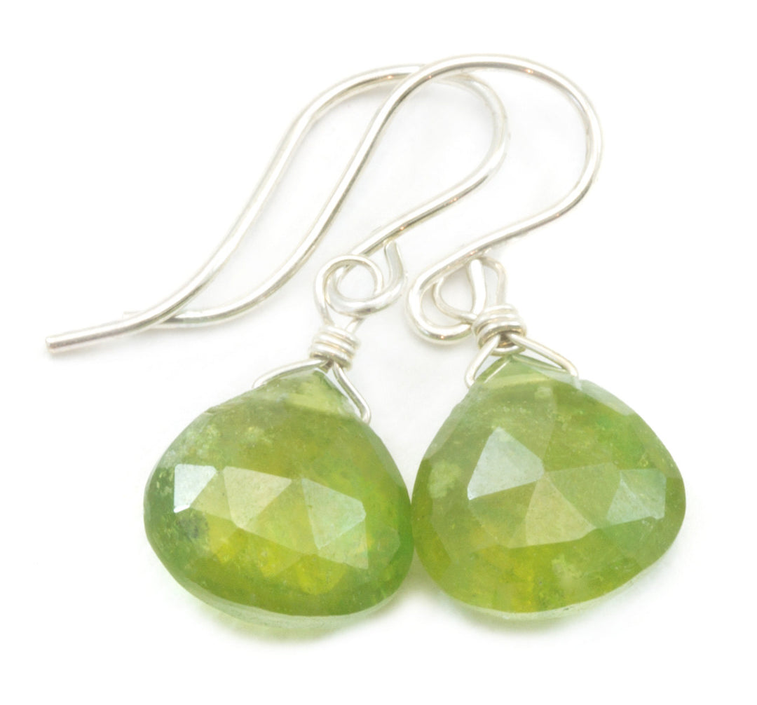 Green Vesuvianite Earrings Faceted Heart Shaped Teardrops 14k Gold Filled or Sterling Silver Natural Real Dainty Simple Rare Unique Drops