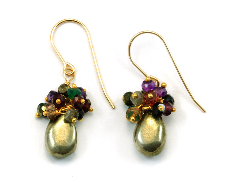 Pyrite Earrings Cluster Teardop 14k solid gold or filled Ear Wires garnet pyrite black spinel topaz andalusite amethyst Clusters Drops