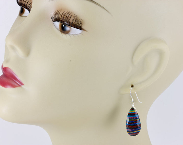 Rainbow Calsilica Earrings Faceted Teardrop Long Briolettes Drop Sterling Silver or 14k Gold Filled Striped Multiple Colors Blue Yellow Red