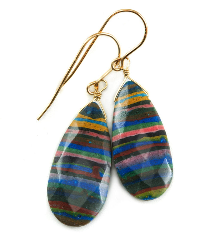 Rainbow Calsilica Earrings Faceted Teardrop Long Briolettes Drop Sterling Silver or 14k Gold Filled Striped Multiple Colors Blue Yellow Red
