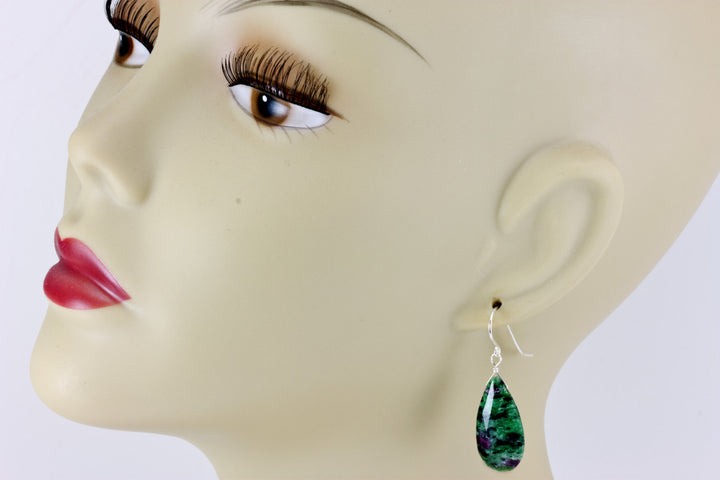 Red Ruby Zoisite Anyolite Earrings Faceted Teardrop Long Drops Sterling Silver or 14k Solid Yellow Gold or Filled Natural Large Green Red