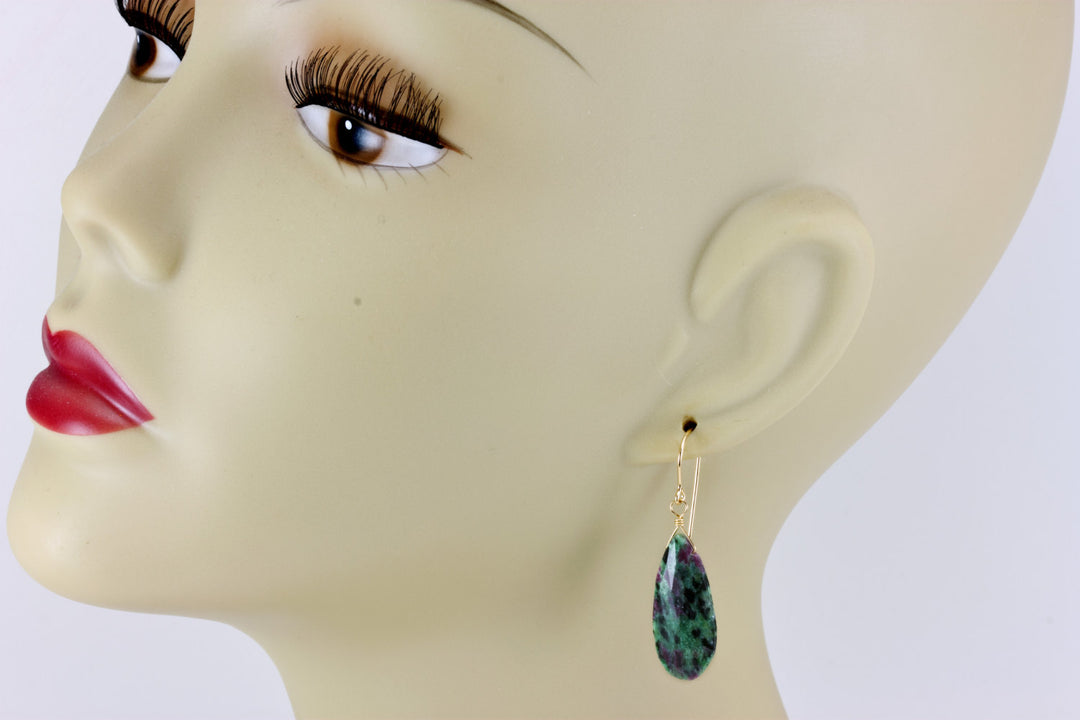Red Ruby Zoisite Anyolite Earrings Faceted Teardrop Long Drops Sterling Silver or 14k Solid Yellow Gold or Filled Natural Large Green Red