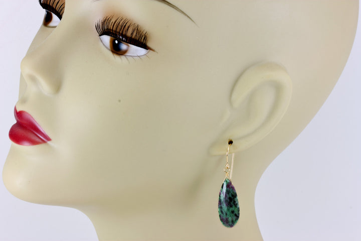 Red Ruby Zoisite Anyolite Earrings Faceted Teardrop Long Drops Sterling Silver or 14k Solid Yellow Gold or Filled Natural Large Green Red