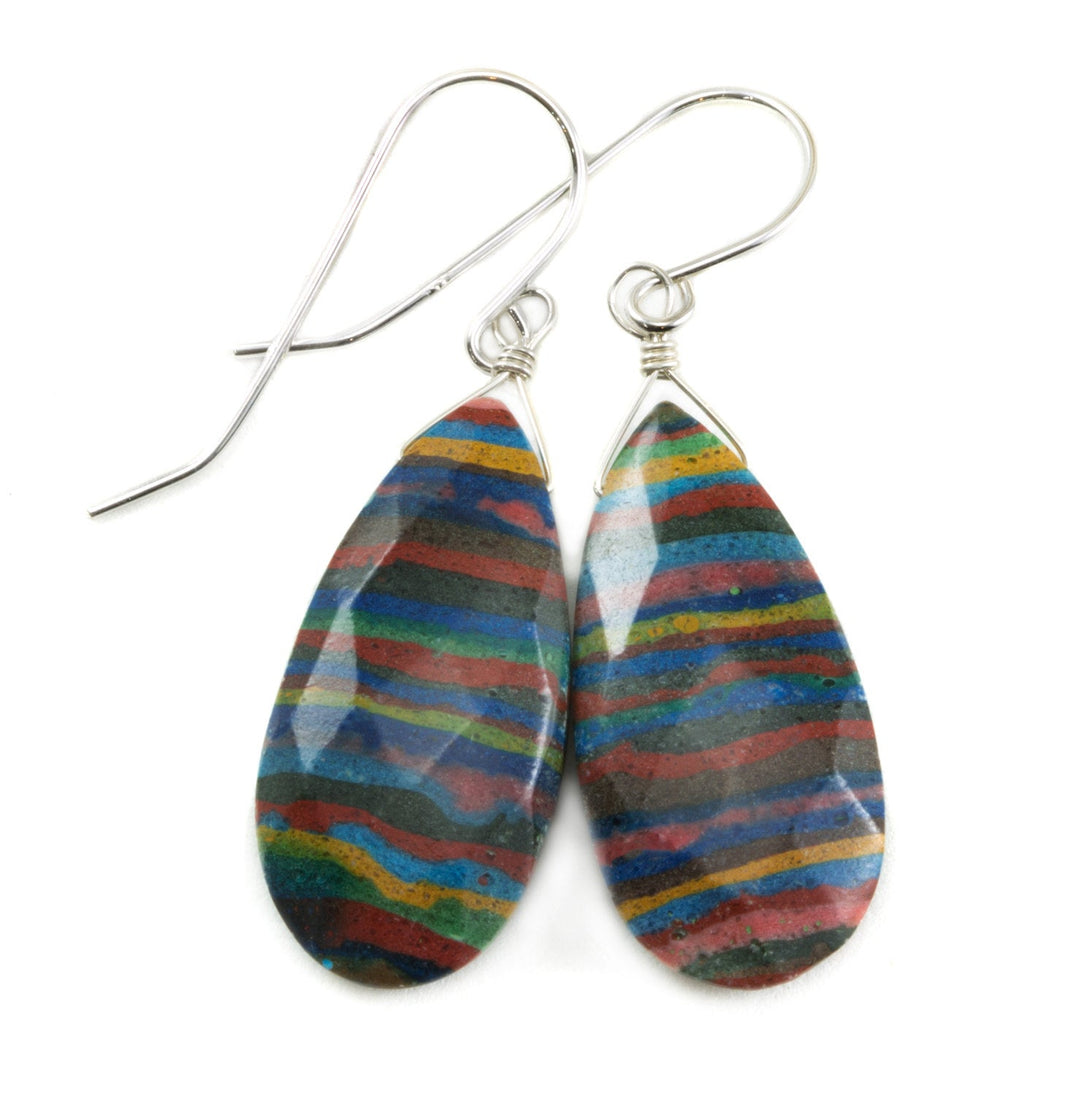 Rainbow Calsilica Earrings Faceted Teardrop Long Briolettes Drop Sterling Silver or 14k Gold Filled Striped Multiple Colors Blue Yellow Red