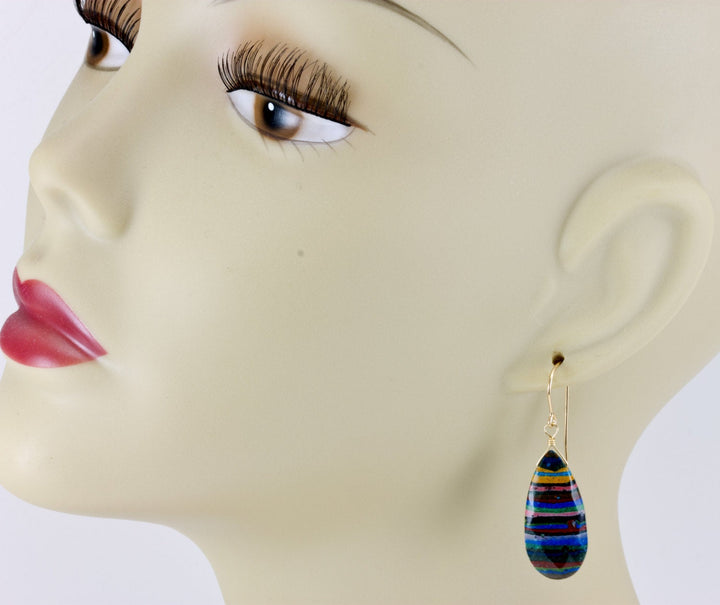 Rainbow Calsilica Earrings Faceted Teardrop Long Briolettes Drop Sterling Silver or 14k Gold Filled Striped Multiple Colors Blue Yellow Red