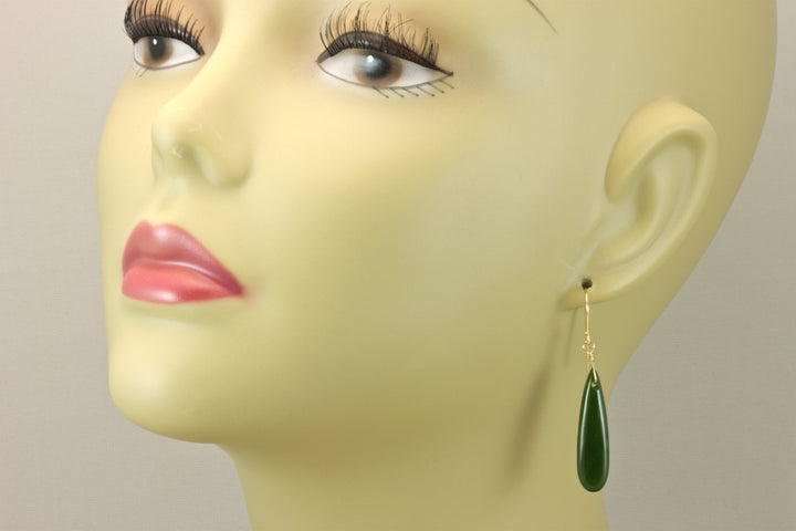 Jade Earrings Natural Green Nephrite Smooth Long Teardrop Drops 14k Solid Gold or Filled or Sterling Silver Earthy Rich Classic Simple Drops
