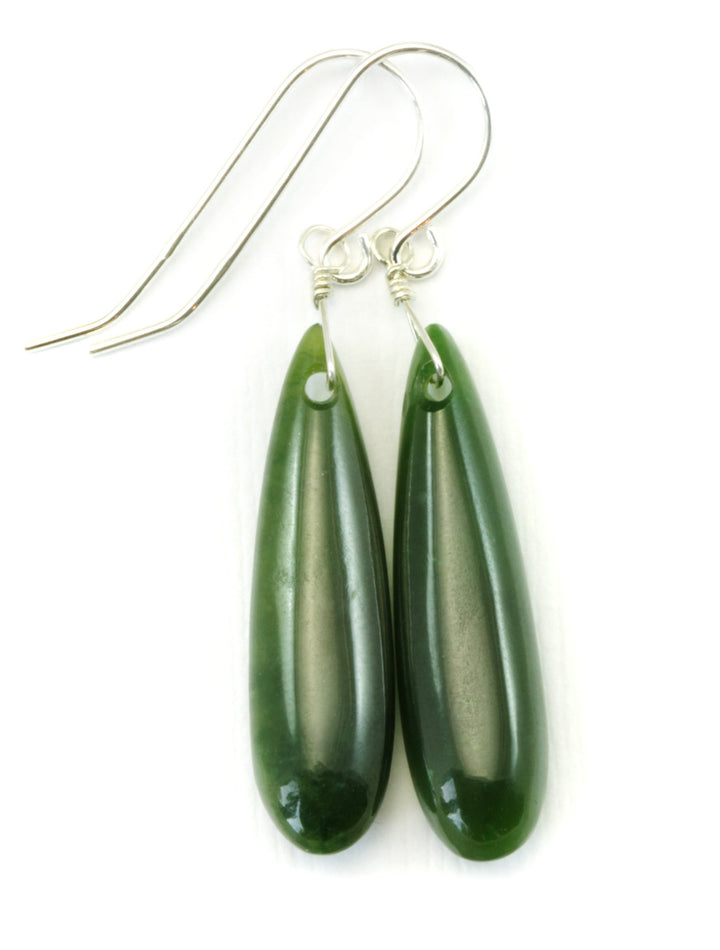 Jade Earrings Natural Green Nephrite Smooth Long Teardrop Drops 14k Solid Gold or Filled or Sterling Silver Earthy Rich Classic Simple Drops