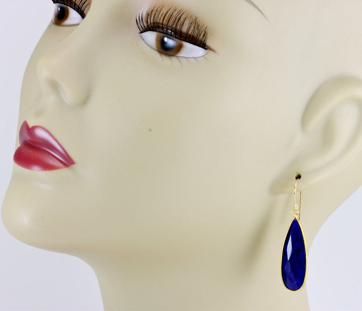 Blue Sapphire Earrings Raw Polished Faceted Long Teardrops Bezel Set Drops Dangle 14k Solid Yellow Gold or Filled Earwires Simple Classic