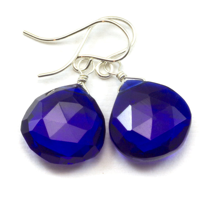 Cobalt Blue Kashmir Sapphire Earrings Simulated Faceted Briolette Drops Sterling Silver or 14k Solid Gold or Filled Rich Color Heart Shaped