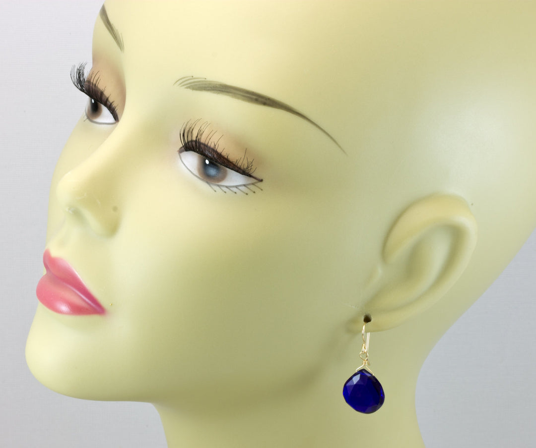 Cobalt Blue Kashmir Sapphire Earrings Simulated Faceted Briolette Drops Sterling Silver or 14k Solid Gold or Filled Rich Color Heart Shaped