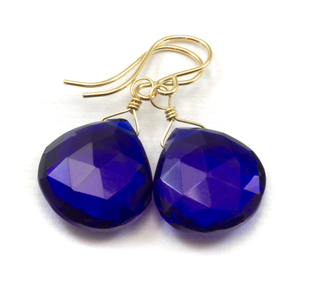 Cobalt Blue Kashmir Sapphire Earrings Simulated Faceted Briolette Drops Sterling Silver or 14k Solid Gold or Filled Rich Color Heart Shaped