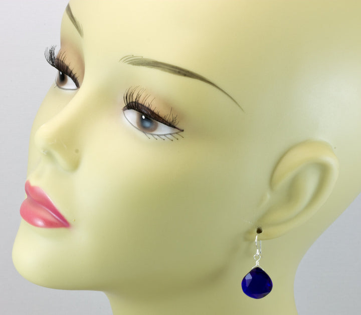 Cobalt Blue Kashmir Sapphire Earrings Simulated Faceted Briolette Drops Sterling Silver or 14k Solid Gold or Filled Rich Color Heart Shaped