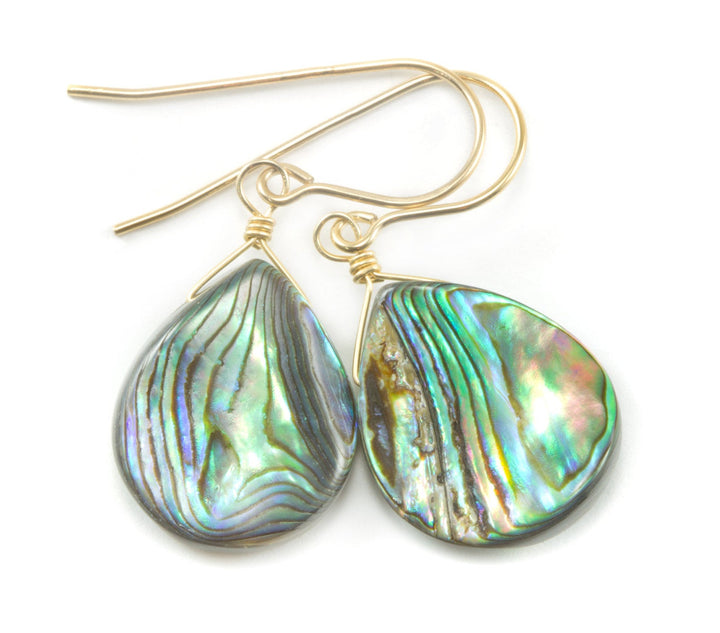Abalone Paua Shell Teardrop Earrings Natural Peacock 14k Solid Gold or Filled or Sterling Silver Curved Drops Blue Green Iridescent MOP