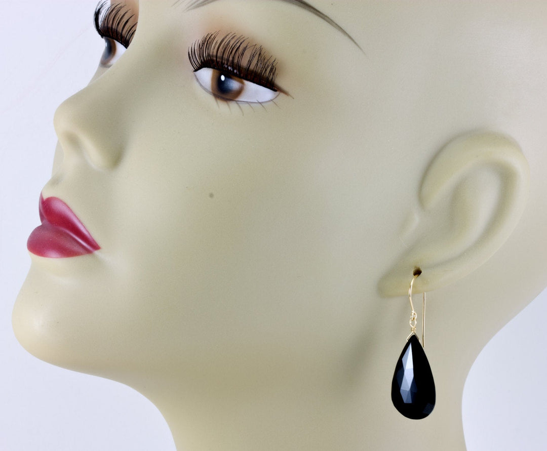Spinel Earrings Black Large Teardrop Faceted Earrings Briolettes 14k solid Gold or Filled Simple Long Fat Drops French earwires Classic Drop