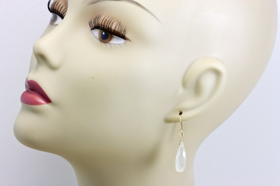 Chalcedony Earrings White Mystic faceted Long Teardrop 14k Solid Gold  or Filled or Sterling Silver Large Briolettes Rounded Drops Rare
