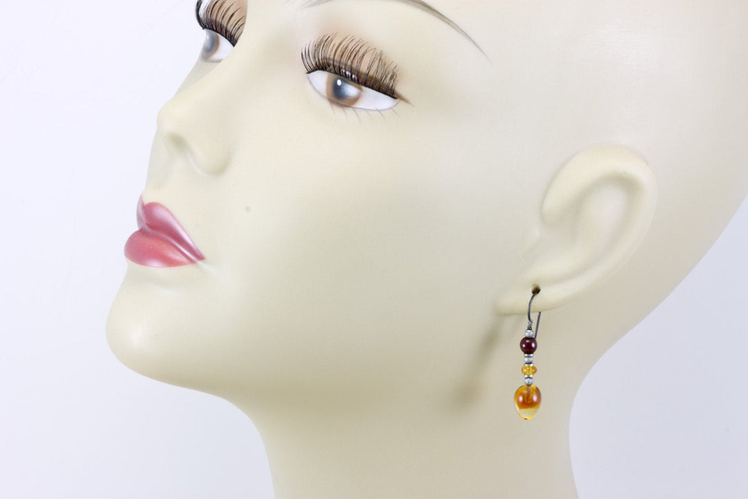 Vintage Czech Glass Yellow Amber Briolette Earrings Black Oxidized Sterling Silver Long Drops Art Deco