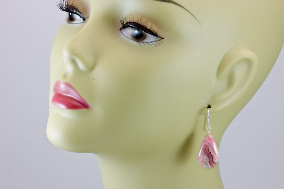 Natural Pink Rhodochrosite Earrings Smooth Large Long Teardrops Dangle Drops Sterling Silver or 14k Solid Gold or Filled AAAA Quality Simple