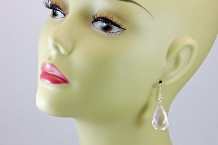 Rose Quartz Earrings X Large Soft Pink Briolette Long Teardrop Dangle Sterling Silver or 14k Solid Yellow Gold or Filled Natural Classic