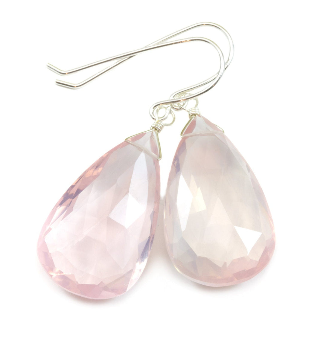 Rose Quartz Earrings X Large Soft Pink Briolette Long Teardrop Dangle Sterling Silver or 14k Solid Yellow Gold or Filled Natural Classic