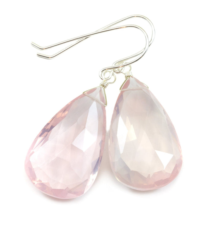 Rose Quartz Earrings X Large Soft Pink Briolette Long Teardrop Dangle Sterling Silver or 14k Solid Yellow Gold or Filled Natural Classic